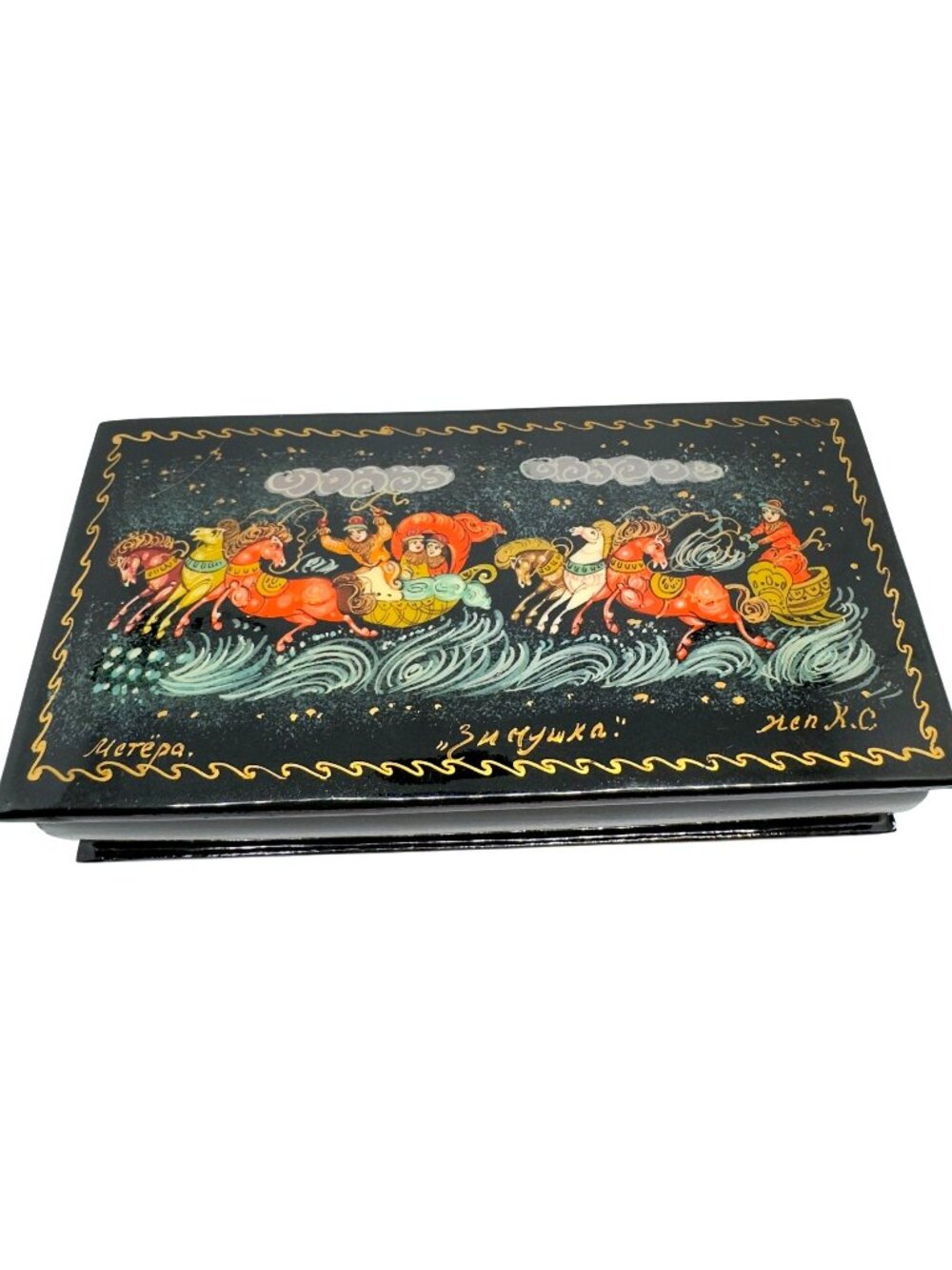Mstera Russian Lacquer Box Hand-Painted Troika Scene 4x2x1 Inches Vtg